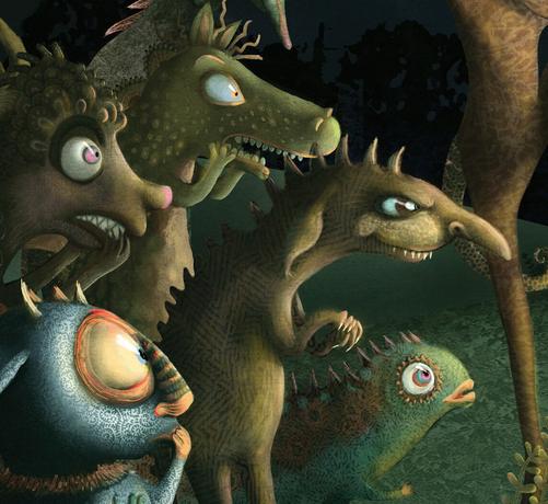 On a dark night, at the edge of a forest, a group of odd looking creatures stand before a glowing door. Some are alarmed, some are gleeful and some are just plain curious. Strange plants and flying shapes appear inside the glowing light.