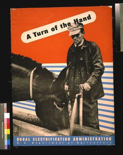 The image is a poster with bold, contrasting colors and graphics that convey its message directly to the viewer. Dominated by shades of red, blue, black, white, and grey, it features a man standing beside a horse being fed water from a spigot he's turning on or off.

In stark relief against an orange background is text in large capital letters stating "A Turn of the Hand," which suggests a focus on manual labor and perhaps electrical energy. Below this headline, more specific information reveals that it’s related to the Rural Electrification Administration within the U.S. Department of Agriculture, hinting at agricultural electrification as part of rural development.

The man depicted is dressed in work attire, including overalls with suspenders and a protective cap, typical for someone engaged in manual labor or farming activities. The horse appears healthy and well-fed from what we can see; it's drinking water provided by the spigot turned on by the farmer.

Notably, there are no overt modern technology elements within this image that would date its origins beyond mid-20th century when such posters were popular for advocacy purposes related to government programs.