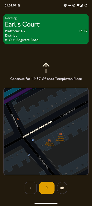 A screenshot showing directions to Earl's Court on the District line, with a map and navigation instructions to continue onto Templeton Place.