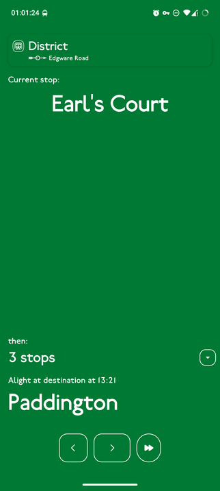 District line navigation screen showing current stop as Earl's Court, and destination as Paddington in 3 stops, estimated to arrive at 13:21, with forward and backward navigation options.