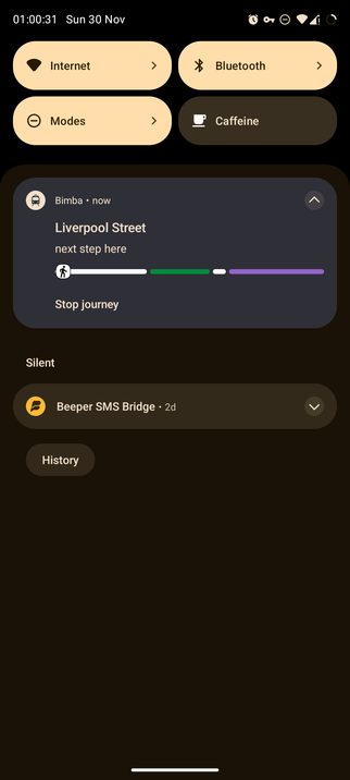 Android phone showing a travel notification from Bimba, with a walking icon and a journey progress bar.
