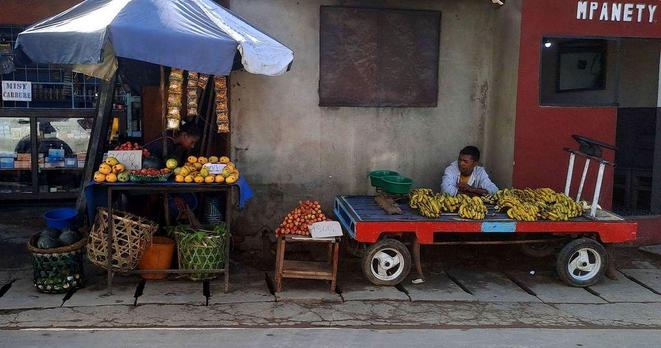 A vibrant street fruit market in Antananarivo, Madagascar. Two vendors sit beside a colorful display of fresh fruits, including oranges, watermelons, tomatoes, and bananas. The fruits are arranged on tables and a red cart, under a blue umbrella, showcasing the richness and variety of local produce.