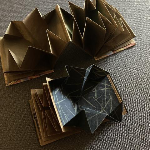 two small accordion Turkish map fold books made with dyed paper lunch bags