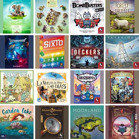 BG Stats 4 x 4.
Ark Nova;
Sanctuary;
Bomb Busters;
Forest Shuffle: Dartmoor;
Wispwood;
Sixto;
Deckers;
Skybridge (2025);
Formidable Farm;
Around the World in 80 Days;
Ghostbumpers;
Thurn und Taxis;
Garden Lake;
Mystery Rummy: Jack the Ripper;
Moorland;
The Hobbit: There and Back Again.