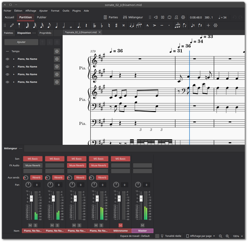 🕶️ A view of its IU (v.4.5, on my Linux PC, on a dark theme), with the menus at the top, the list of instruments used on the score on the left (a 4-hand piano, for the performance of Beethoven's Sonata No. 2 in c sharp minor, Op. 2 No. 2 (1794-95), downloaded on kunstderfuge.com), the score on the right, and the settings and bar graph for each instrument at the bottom, allowing you to add reverb and, if desired, change the volume for each instrument.

📚️ MuseScore is a libre, multi-platform, professional-quality WYSIWYG music score editing tool. It allows the sharing of works, and offers the largest library of musical scores available online (more than 1000,000 scores, available to the public), while respecting copyright. It is both easy to use and powerful, allows input from a MIDI keyboard, supports audio & MIDI playback of the score as well as importing and exporting files in different formats, and allows you to write music for any kind of use (Piano, Guitar, Orchestra, Jazz, Choir, Band, Marching, ...). It is translated into more than 50 languages.