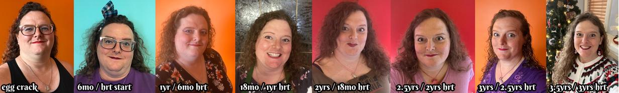 an eight-panel transition timeline showing miriam from egg crack to 3.5 years into transition.  the progression is... significant.