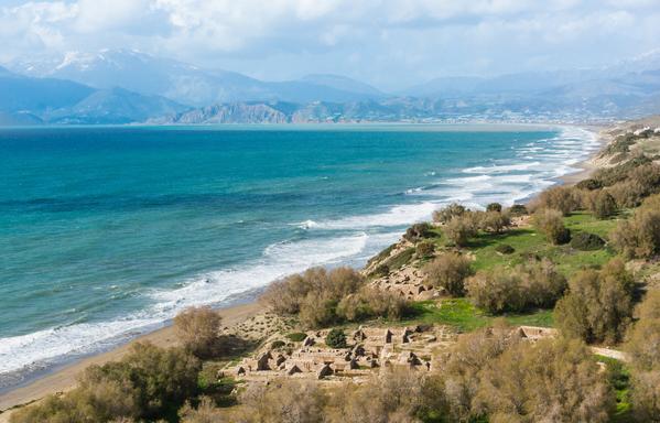 "The archaeological site, and the bay of Komos, the ancient harbor of Phaïstos, Crete, Greece."