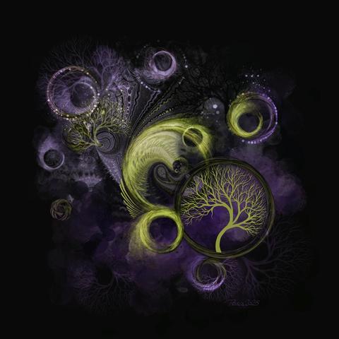 watercolour; dark grey background with swirls and holes scattered around purple splotchy sky, in the foreground there's a ring woman olive green bare tree, above towards the left there's a fractayburst of light curving towards the tree, partial silhouettes of the tree at different sizes can be seen.