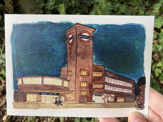Art print of a watercolour painting of Park Royal station in London.