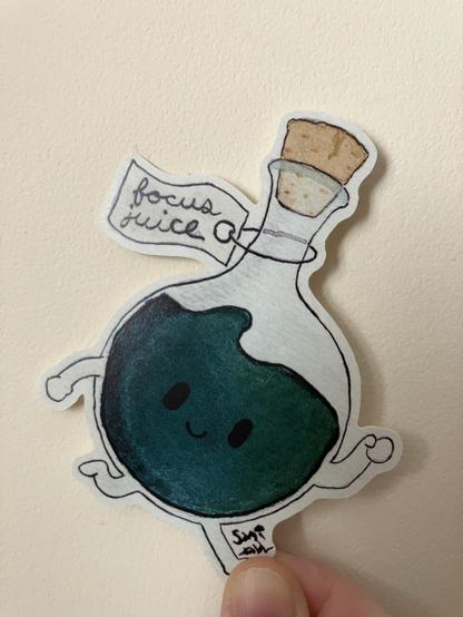 Sticker design of a potion bottle labelled "focus juice" which appears to be running away