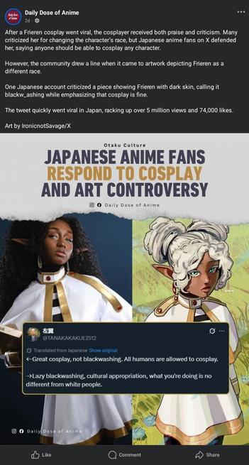 A screenshot of an issue in the anime and cosplay scene about making a white elf character as a black elf.