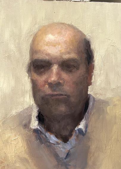 Allaprima oil painting of a bald man facing forward. Oil on panel, 18 x 24 cm done in 2.5 hours