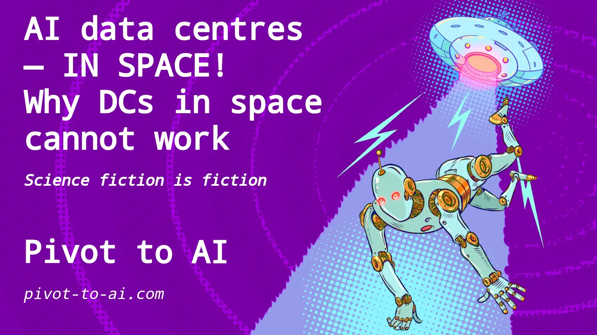 robot being tractor beamed up to flying saucer