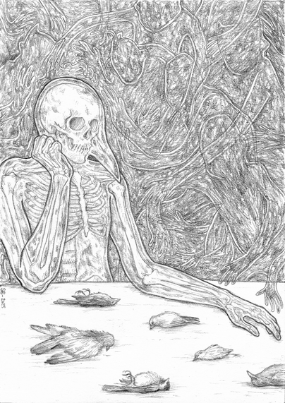 Dessin format portrait au critérium représentant une silhouette accoudée à une surface où se trouvent plusieurs oiseaux morts. On peut voir le squelette à travers la silhouette et un bec d'oiseau qui prolonge son crâne, le corps semble être rempli d'un liquide qui miroite.  Derrière, le fond est remplie de silhouettes élastiques dont on distingue vaguement les contours, qui se croisent et se superposent. Elles semblent faites d'un liquide sombre et étoilé. Elles semblent vouloir toucher la silhouette squelette et les oiseaux morts.