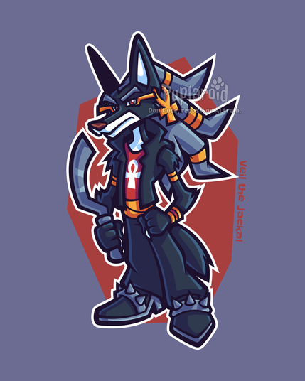A digital vector drawing of a anthropomorphic/furry jackal character. He is doing a standing pose, holding a silver khopesh in his right hand. He has black and white fur, with silver dreadlocks, and red eyes with white sclera. His outfit has a black vest, black pants, black heeled boots with metal spikes, golden makeup, gold ornaments, golden ankh earrings, and a sleevless red t-shirt, with a white ankh graphic on it. He's looking towards the viewer menancingly. Behind him, there's a abstract purple-grey and red background.