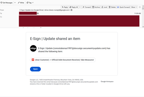 The fake e-signature email uses internationalized homoglyph characters to evade content based detection
