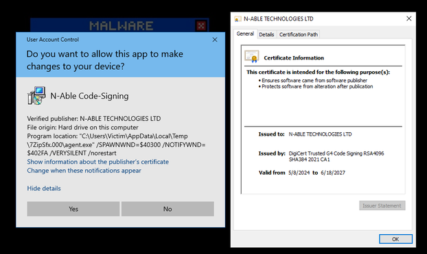 The "N-Able" installer is signed and prompts a UAC elevation