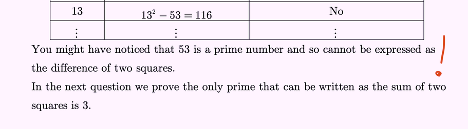 You might have noticed that 53 is a prime number and so cannot be expressed as
the difference of two squares.