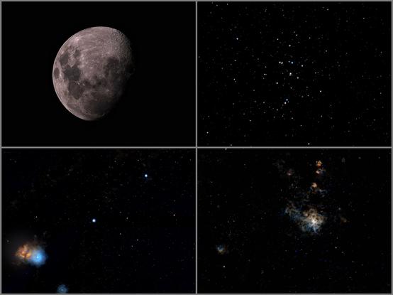 A grid collage of four astrophotographs. Top left is a 3/4 moon, top right is an open cluster of stars (The Beehive), bottom right is a blue nebula with a vertical extension showing red/orange (Tarantula Nebula), bottom left is a diagonal row of three stars (the Belt of Orion), the bottom star has a bright blue nebula around it, and a reddish extension just to the left.