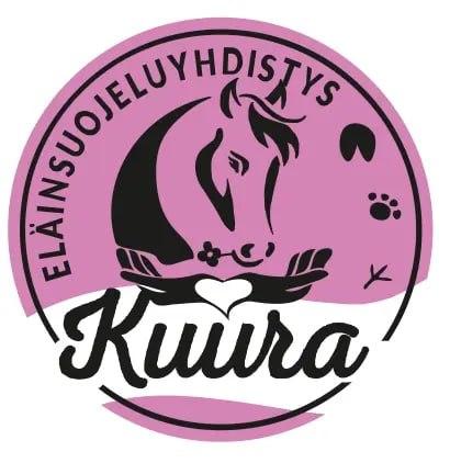The logo of Elainsuojeluyhdistys Kuura, featuring a stylized horse head above a heart held in hands, surrounded by animal paw and hoof prints.