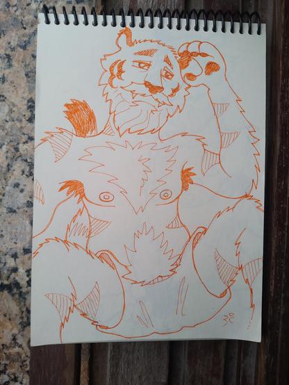 Picture of my sketchbook showing a cartoonish drawing of my tiger fursona, made with an orange fine felt-tip pen . He has a dad bod and is wearing only shorts, sitting on the floor. He has hairy chest and armpits, gray beard and a big nose. He have a peaceful expression, touching his head with the beans of his left paw.