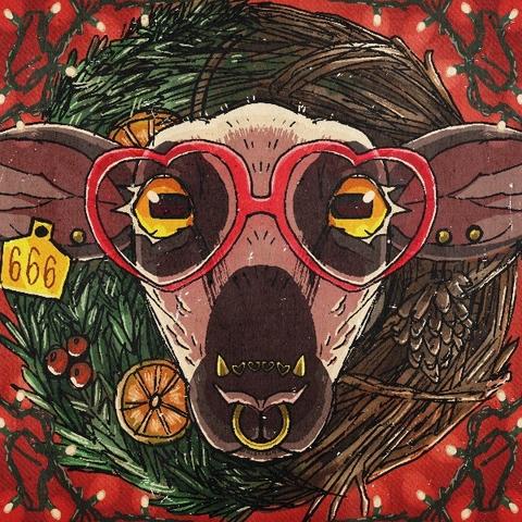 Baas, an anthro sheep sticks their head through a yule wreathe surrounded by string lights. There's dried citrus, berries, and evergreen on one side of the wreath, while the other side is barren with sticks.