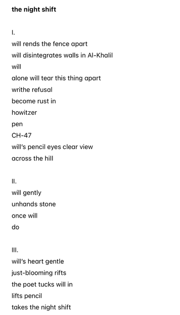 the night shift  I. will rends the fence apart will disintegrates walls in Al-Khalil will alone will tear this thing apart writhe refusal become rust in  howitzer pen CH-47 will’s pencil eyes clear view across the hill  II. will gently  unhands stone  once will do  III. will’s heart gentle  just-blooming rifts the poet tucks will in lifts pencil takes the night shift