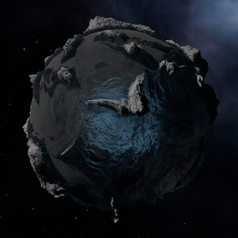 A 3D rendering of an icy planet floating in space.  The planet has peaks of white snow, descending through a misty vapor atmosphere into smooth, glossy ice oceans.  You can see through the glossy surface of the planet to see a glowing ice-blue core.  There is a nebula in the background, as well as some stars.