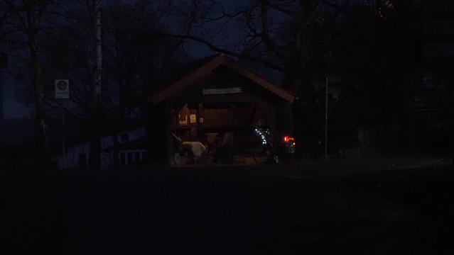 beleuchtete Bushaltestelle im dunkeln. Buntes Fahrrad davor. Im Wartehäusche befindet sich eine Krippe mit fast lebensgroßen Figuren