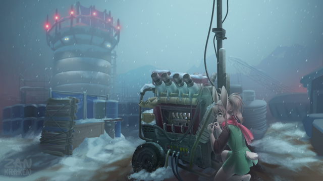 A digital painting of an anthro bunny character in the world of Dead By Daylight. The environment is foggy and still, theres snow on the ground and red ominous lights glowing in the distance. The character is trying to fix a generator while anxiously looking back behind him.