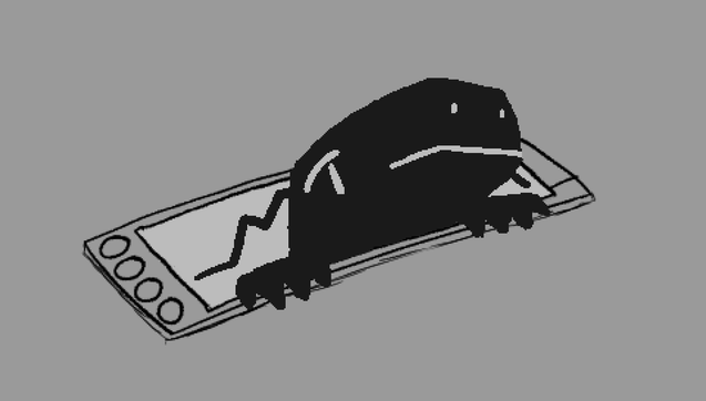 digital drawing. it's a nice!view, which is a lil PCB with a monochrome screen on it. there's a black lizard-like creature poking their head out.