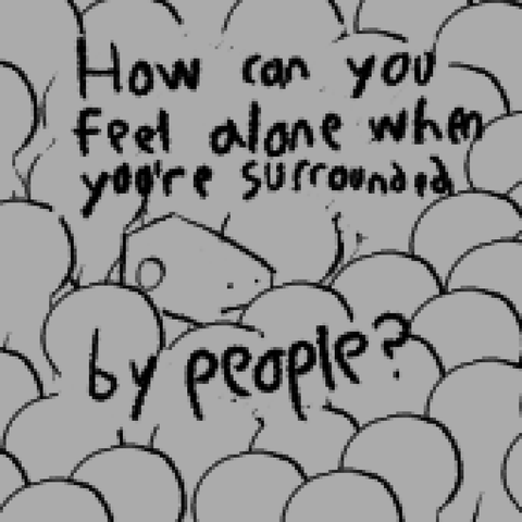low-res digital drawing. it's some lizard guy in a crowded field of regular people. they have a blank expression. text reads "How can you feel alone when you're surrounded by people?"