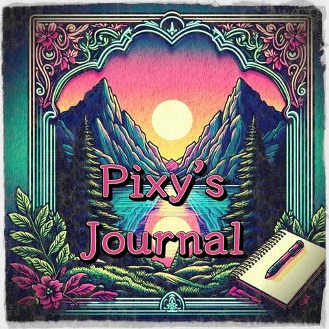 A vibrant illustration of a journal cover titled "Pixy's Journal." It depicts a colorful landscape with a glowing sun setting behind majestic mountains, its reflection shimmering in a tranquil lake surrounded by tall pine trees. The edges of the cover are embellished with intricate floral designs, adding to the artistic charm. In the bottom right corner, a notebook with a pen resting on it completes the composition.