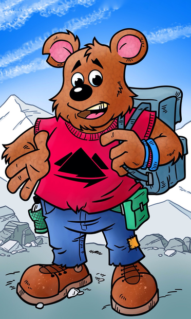 Anthropomorphic brown bear standing in the mountains. It is wearing a red t-shirt with a black stylised mountain logo, blue jeans and brown boots. It has a water bottle on it’s right hip and green pouch on it’s left. There is a blue and red wristband on it’s left wrist and a grey rucksack is slung over it’s left shoulder.