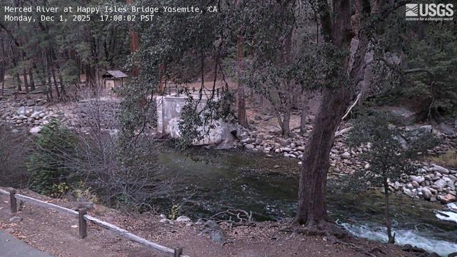 From here, you can see the Merced River as it flows past Yosemite Valley's Happy Isles Gaging Station, which the US Geological Survey has maintained for over 100 years.