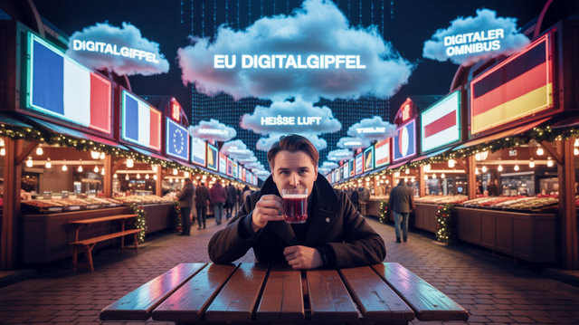 A satirical cyberpunk-style Christmas market scene blending futuristic digital overload with traditional holiday atmosphere. Glowing mulled wine stands display neon-bright flags of France, EU, and Germany that pulse like advertisement billboards, while holographic clouds float overhead containing the German text "EU Digitalgipfel", "Heiße Luft", and "Digitaler Omnibus". In the foreground, a person sits at a rustic wooden table with an annoyed expression, clutching a traditional ceramic mulled wine mug - the only analog object in the scene. The background features an exaggerated, clinically clean cloud infrastructure that reflects in the Christmas lights, all rendered in warm reds and blues contrasted with cool digital effects in 16:9 format.