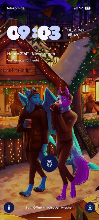 A screenshot of the lock screen on Android, showing the new wallpaper. You can see Violet (violet and blue wolf) and me (blue fluffy dragon) walking through a Christmas market while drinking some hot chocolate and talking to each other. The background is super detailed, with two booths, a big city, and some mountains visible.