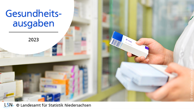 Gesundheitsausgaben, 2023. Das Bild zeigt eine Apothekerin, die Medikamente in der Hand hält und vor einem Regal mit weiteren Arzneimitteln steht.