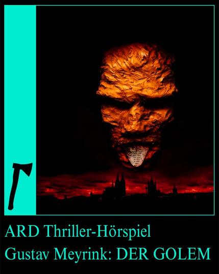 Mein Cover zum Hörbuch. Ein Lehmkopf mit der Beschwörungsformel im Mund. Unten die Silhouette einer Stadt mit Kirchtürmen und blutrotem dunklen Himmel.