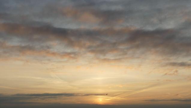 Sonnenaufgang kündigt sich an hellem Himmel mit farbigen, zarten Wolken an