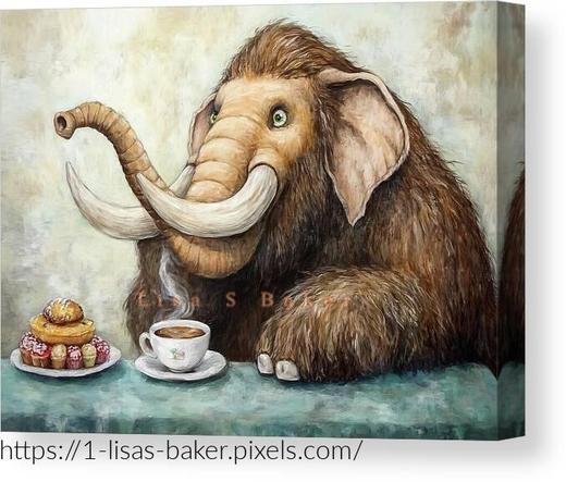 A woolly mammoth is depicted sitting at a table enjoying a cup of coffee and a plate of pastries. The friendly expression and whimsical scene create a playful and surreal atmosphere. Art by Lisa S Baker.