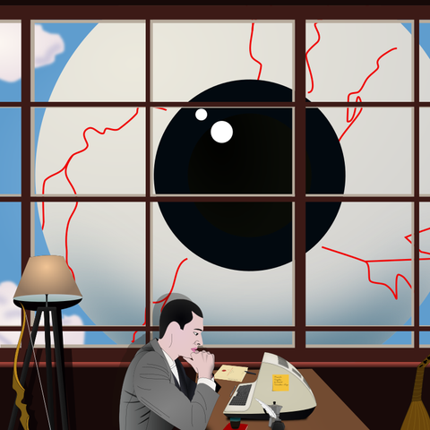 Un personnage vu de profil est assis à son bureau regardant avec attention son ordinateur, avec sur son coté une baie vitrée derrière laquelle un immense œil se détache sur le ciel bleu et semble espionner le personnage.