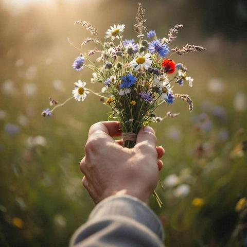 Una mano sostiene un pequeño y rústico ramo de flores silvestres en un entorno natural y soleado. Las flores incluyen margaritas blancas, acianos azules y una amapola roja, y el ramo está atado con una cuerda simple. El fondo es un campo de hierba y flores desenfocado, con una luz cálida y brillante que sugiere el atardecer o el amanecer.