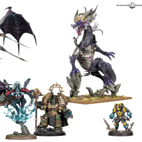 A collection of detailed miniatures from Games Workshop showcases a variety of characters. Prominently featured is a large, purple dragon-like creature adorned with armor and a regal headpiece, standing on a rocky base. Surrounding it are several other miniatures, including a skeletal figure with a glowing blue aura, a heavily armored Space Marine, and a smaller character in a mechanical suit, all displaying intricate designs and vibrant colors.