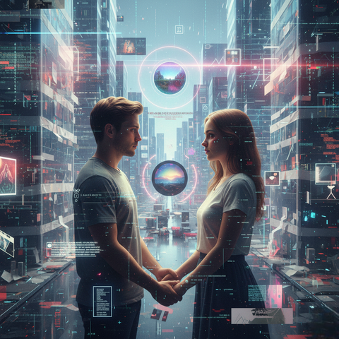 Un retrato surrealista y futurista de una pareja (un hombre y una mujer) que se toman de la mano y se miran intensamente, situados en el centro de una ciudad digital estilo metaverso con fallos (glitch).

El entorno es un paisaje urbano denso de edificios hechos de código y datos, con intensas luces de neón rojas y cian, líneas de código flotando, y pantallas holográficas que le dan un aspecto de simulación inestable. A pesar del caos digital a su alrededor, los personajes mantienen una conexión íntima y serena.