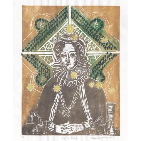 My 11” x 14” linocut portrait of Sophie Brahe, a Renaissance aristocrat in headgear, ruff, dark clothing with medallion on a wide band and a long scarf or other thin fabric draped over her shoulders with her hands folded in front of her and alchemical vessels, printed in dark bronze ink, on a bronze background. In green behind her head is a map of the gardens at Uranienborg, with her head at the centre of the diamond shaped pale green knot garden (geometric planned gardens). This is surrounded by an orchard in darker green with semicircle bump outs on each side of the diamond. The stars of Cassiopeia from De stelle nova are printed in gold on top of everything; there are stars across her chest and ruff and in the garden and the large supernova is above her head