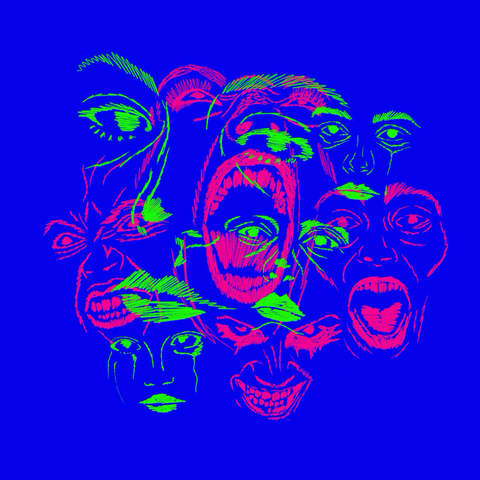 Green faces expressing turmoil overlapping pink faces expressing anger