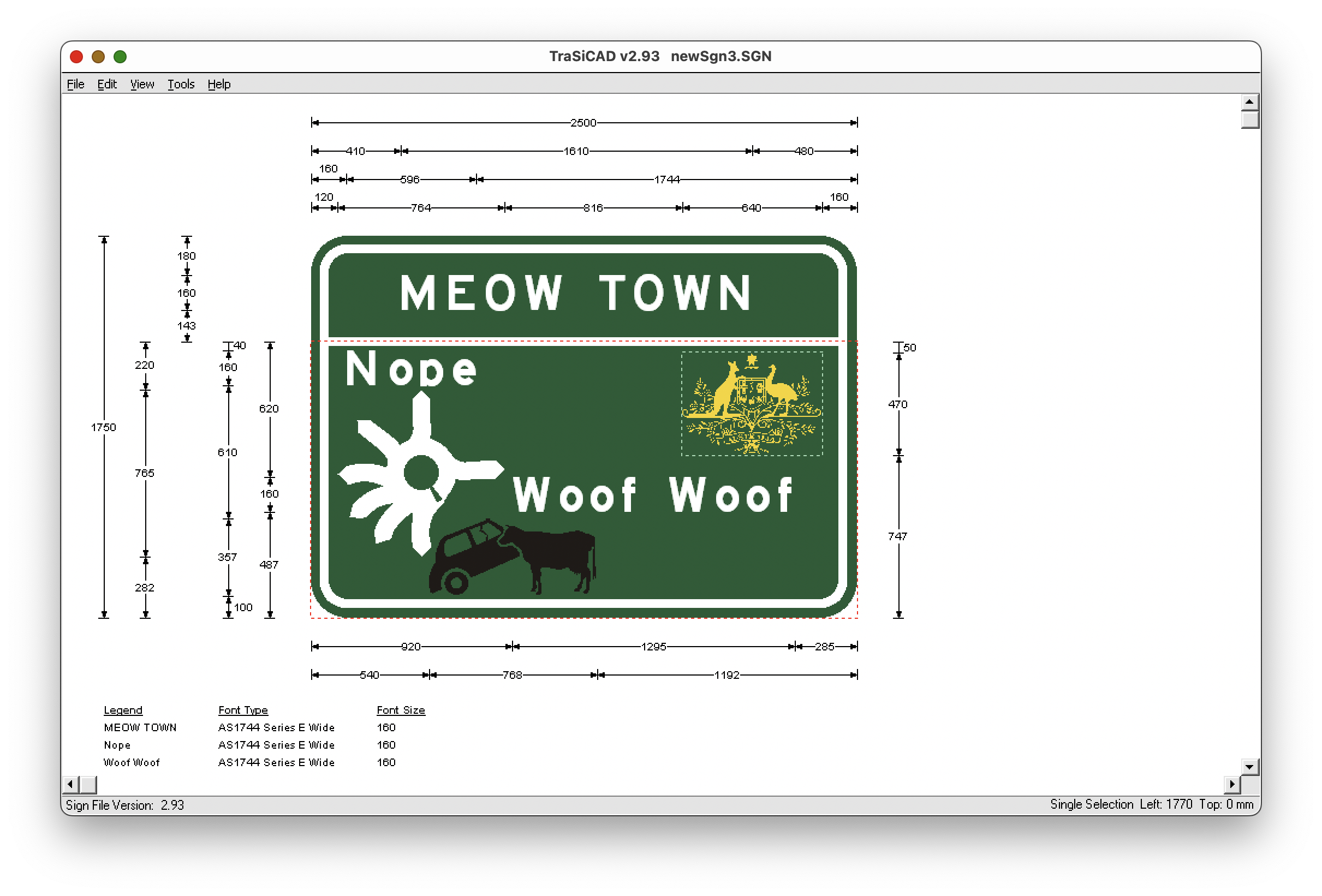 weird road sign that says meow town with crazy round about, and woof woof. it has the federal logo on it and a cow crashing into a car.