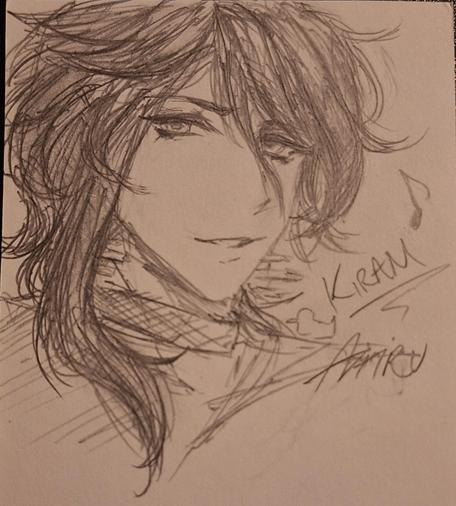 2024 traditional drawing of Kiram. He appears to be smirking and a music note is drawn next to him