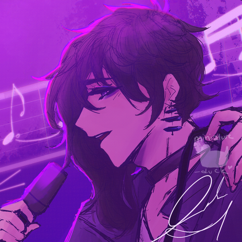 2023 digital drawing of Kiram. Using pinks, blues, and purples for the bi flag for pride month, he is drawn singing, holding a mic and the cord. A line from what appears to be a music sheet is displayed behind him.